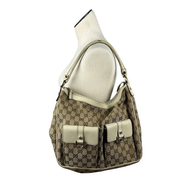 Gucci Abbey Double Pocket White Leather Trim GG Monogram Top Handle Tote - Picture 1 of 12